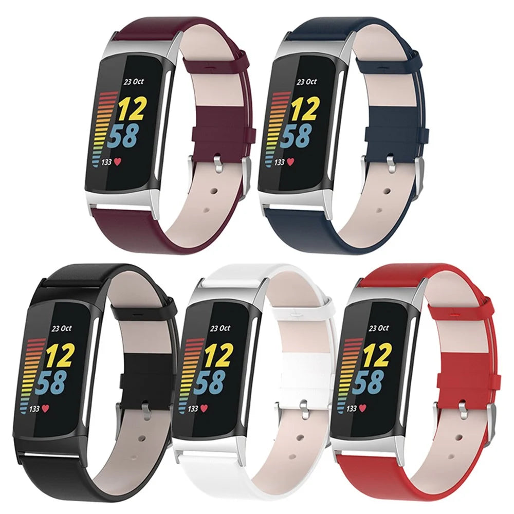 Quick Release Genuine Leather Smart Watch Band Wrist Strap for Fitbit Charge 5 - Dark Blue - 4
