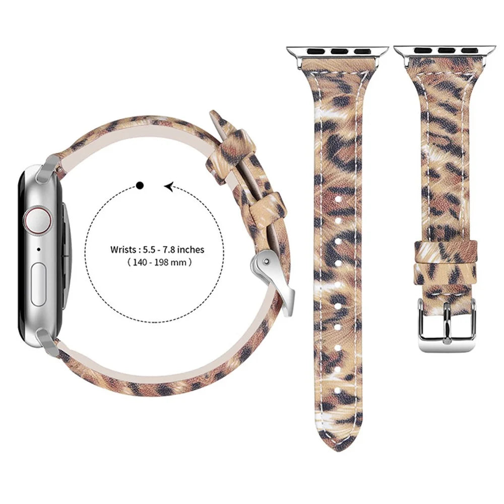 Leopard Pattern Pointed Tail Watchband Top Layer Cowhide Genuine Leather Wrist Strap for Apple Watch Series 8 41mm / Series 7 41mm / Series 6 / 5 / 4 / SE / SE(2022) 40mm / Watch Series 1 / 2 / 3 38mm - Brown / Black Leopard - 3