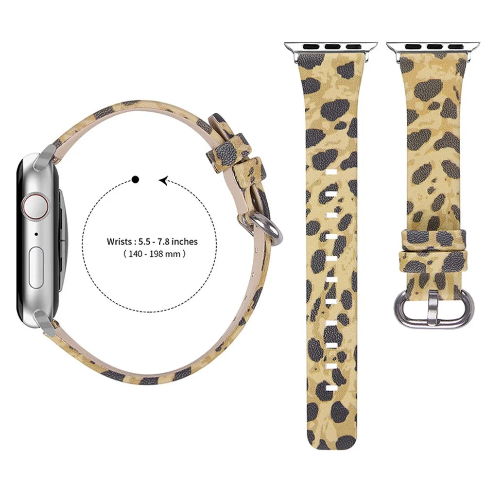 Top Layer Cowhide Genuine Leather Leopard Pattern Strap Round Tail Watchband for Apple Watch Ultra 2 49mm / Series 9 45mm / SE (2023) 44mm / Ultra 49mm / Series 8 45mm / 7 45mm / Watch Series 6 / SE 44mm / SE (2022) 44mm / 5 / 4 44mm / Watch Series 3 / 2 - 3