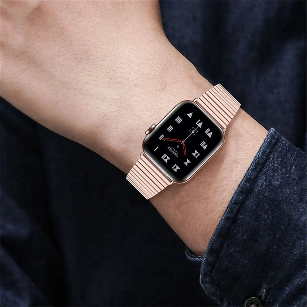 Side Textured Stainless Steel Watch Band iWatch Double Buckle Strap for Apple Watch Series 11 10 42mm / 9 8 7 41mm / SE3 SE2 SE 6 5 4 40mm / 3 2 1 38mm - Pink Gold - 7