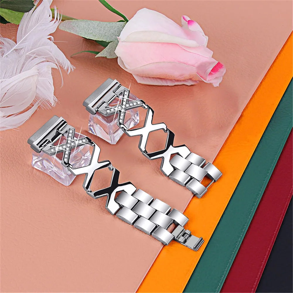 Women Luxury Rhinestone X Design Stainless Steel Watch Strap for Fitbit Versa 3/Fitbit Sense - Silver - 3