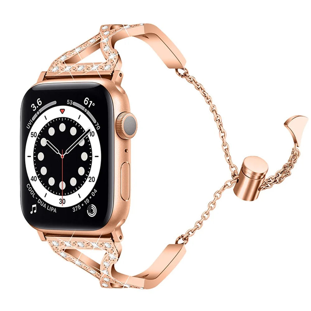 Rhinestone Stainless Steel Metal Watch Band Bracelet Strap Replacement for Apple Watch Ultra 2 49mm / Series 9 45mm / SE (2023) 44mm / Ultra 49mm / Series 8 45mm / 7 45mm / SE 44mm / SE (2022) 44mm / Series 6 / 5 / 4 44mm / Series 3 / 2 / 1 42mm - Rose - 2