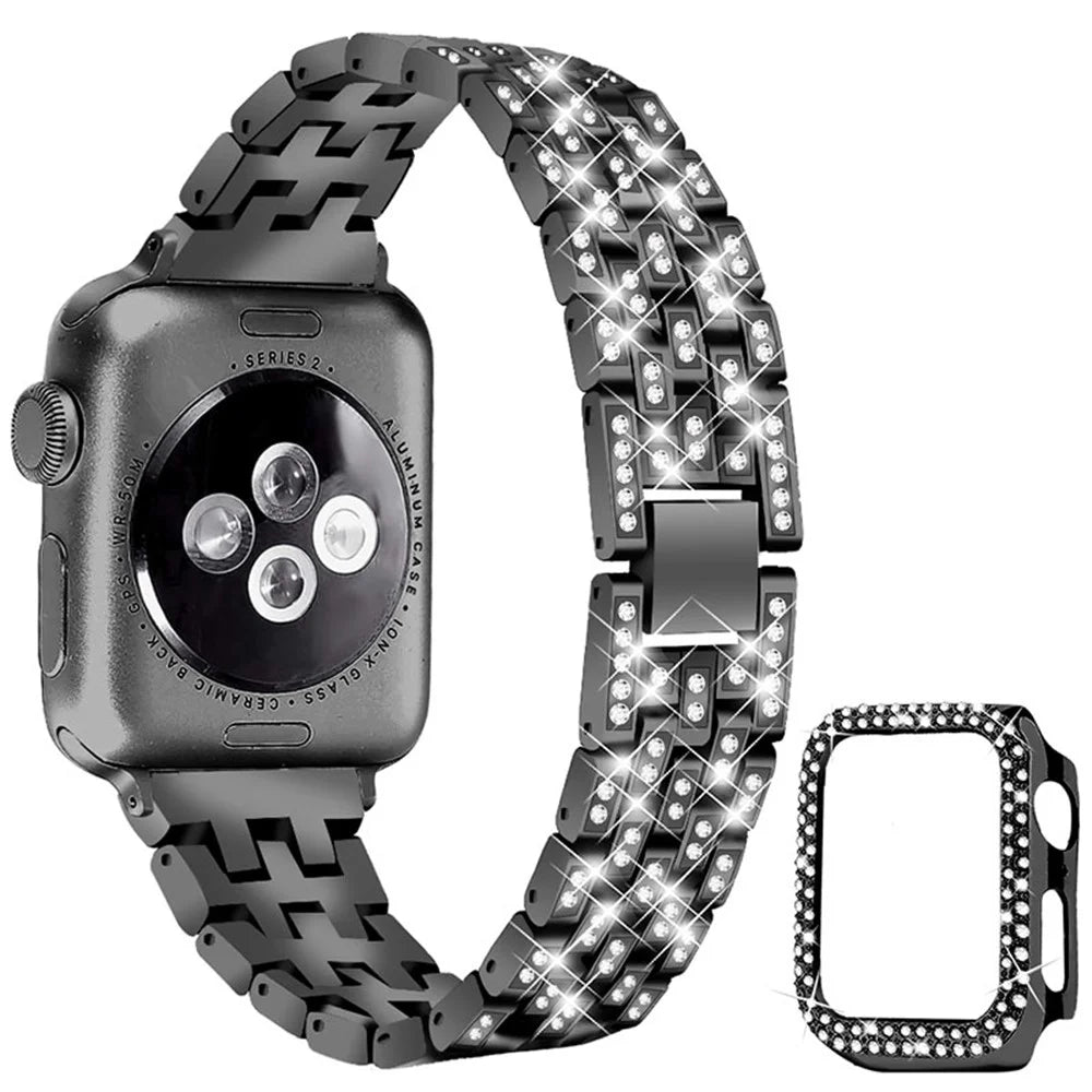 Replacement 5 Beads Rhinestone Decor Stainless Steel Watchband + PC Watch Case Protective Cover for Apple Watch Series 3 / 2 / 1 38mm - Black - 2