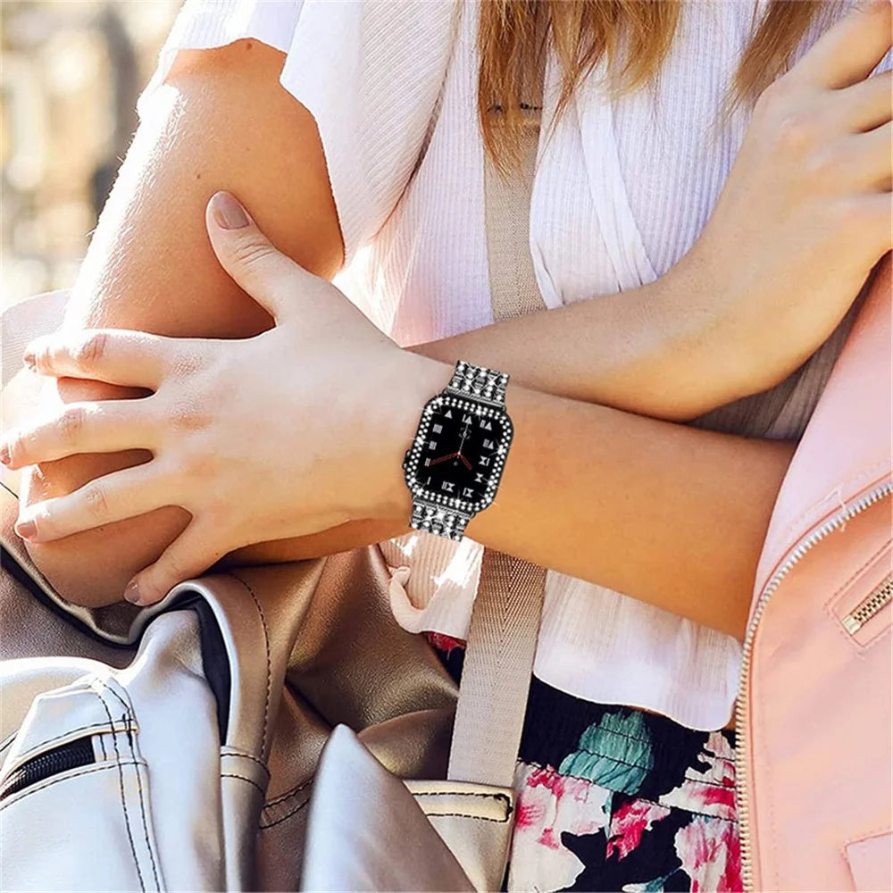Replacement 5 Beads Rhinestone Decor Stainless Steel Watchband + PC Watch Case Protective Cover for Apple Watch Series 3 / 2 / 1 38mm - Black - 6