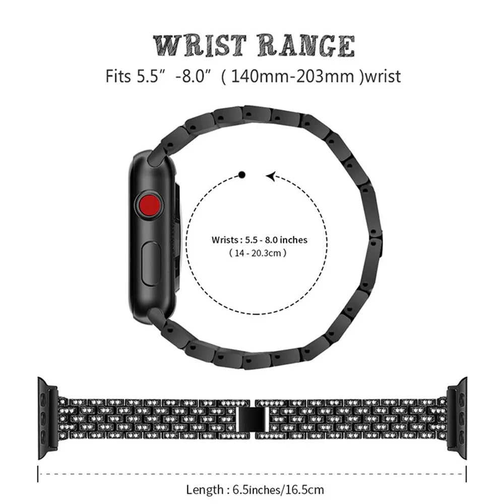 iWatch Rhinestone Decor Stainless Steel 5 Beads Watch Strap + PC Watch Case Protective Cover for Apple Watch Series 7 41mm - Black - 4