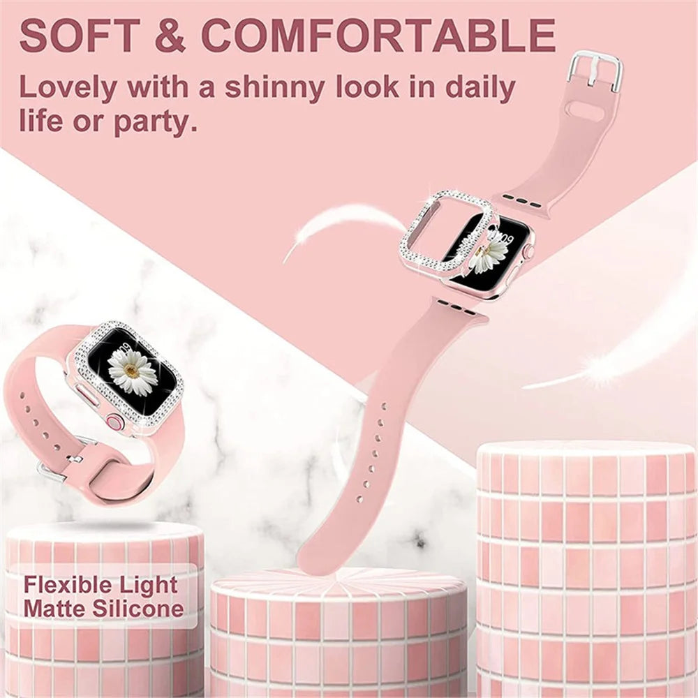 Soft Silicone Smart Watch Strap Replacement with Rhinestone Decor Watch Frame Cover for Apple Watch Series 4 / 5 / 6 / SE 44mm / SE (2022) 44mm - Pink - 2