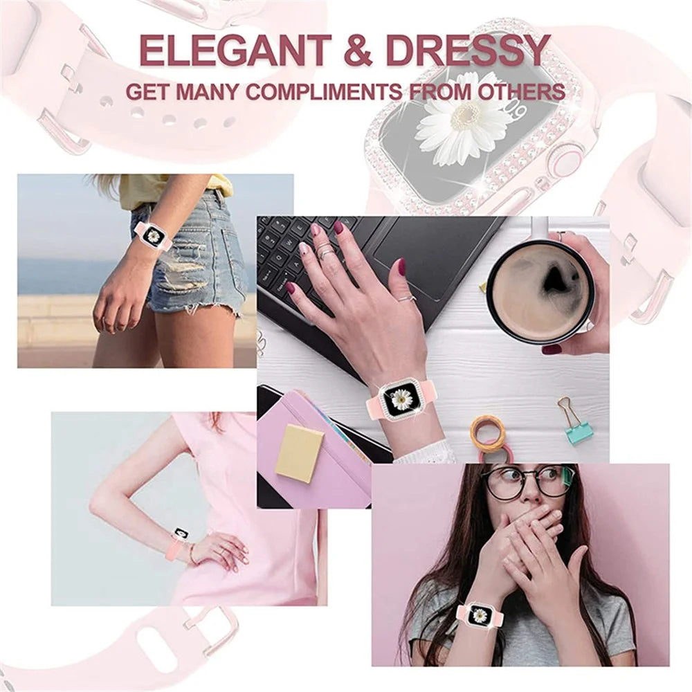 Soft Silicone Smart Watch Strap Replacement with Rhinestone Decor Watch Frame Cover for Apple Watch Series 4 / 5 / 6 / SE 44mm / SE (2022) 44mm - Pink - 5