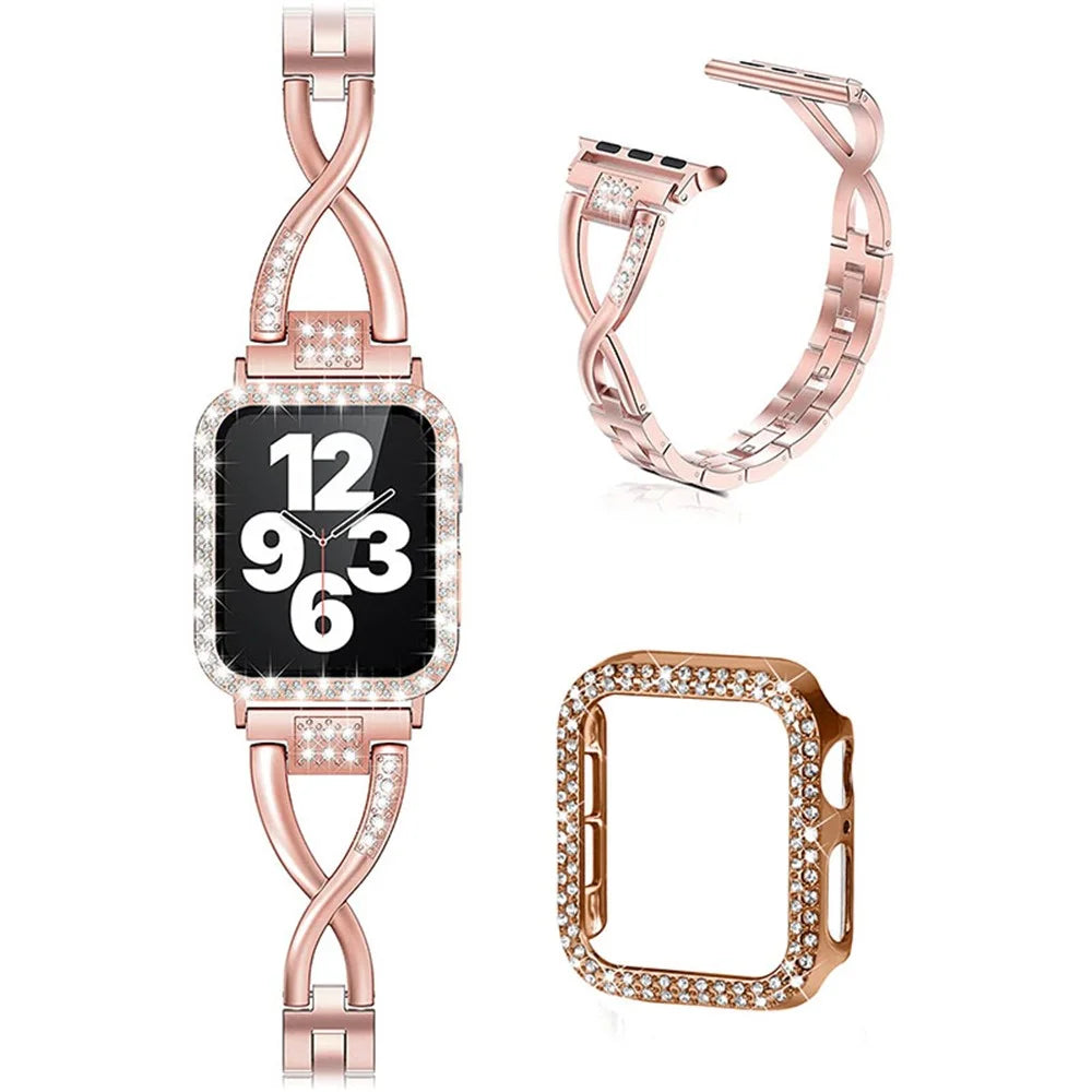 X-shape Metal Watch Strap Replacement Watchband + Double Row Rhinestone Decorated Anti-scratch Protective Case for Apple Watch Series 7 45mm - Rose Gold - 1