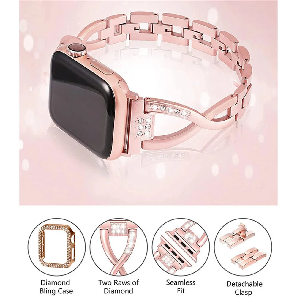 X-shape Metal Watch Strap Replacement Watchband + Double Row Rhinestone Decorated Anti-scratch Protective Case for Apple Watch Series 7 45mm - Rose Gold - 2