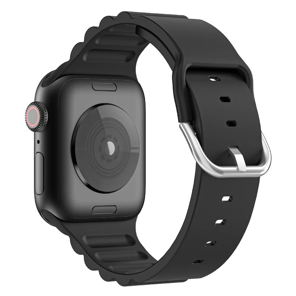 Horizontal Stripes Watch Band Silicone Adjustable Wrist Strap Replacement for Apple Watch Series 11 10 42mm / 9 8 7 41mm / SE3 SE2 SE 6 5 4 40mm / 3 2 1 38mm - Black - 1