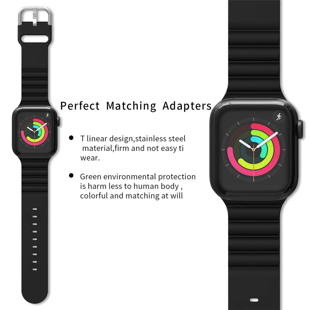Horizontal Stripes Watch Band Silicone Adjustable Wrist Strap Replacement for Apple Watch Series 11 10 42mm / 9 8 7 41mm / SE3 SE2 SE 6 5 4 40mm / 3 2 1 38mm - Black - 3