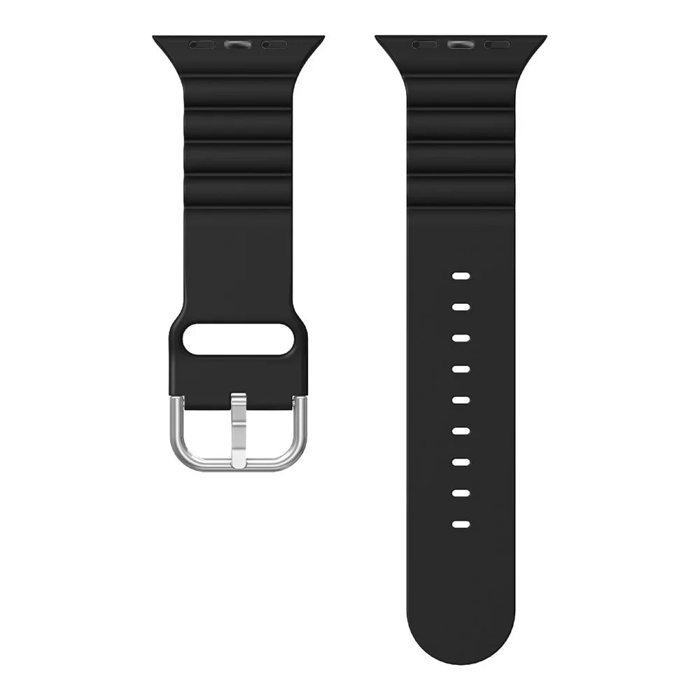 Horizontal Stripes Watch Band Silicone Adjustable Wrist Strap Replacement for Apple Watch Series 11 10 42mm / 9 8 7 41mm / SE3 SE2 SE 6 5 4 40mm / 3 2 1 38mm - Black - 6