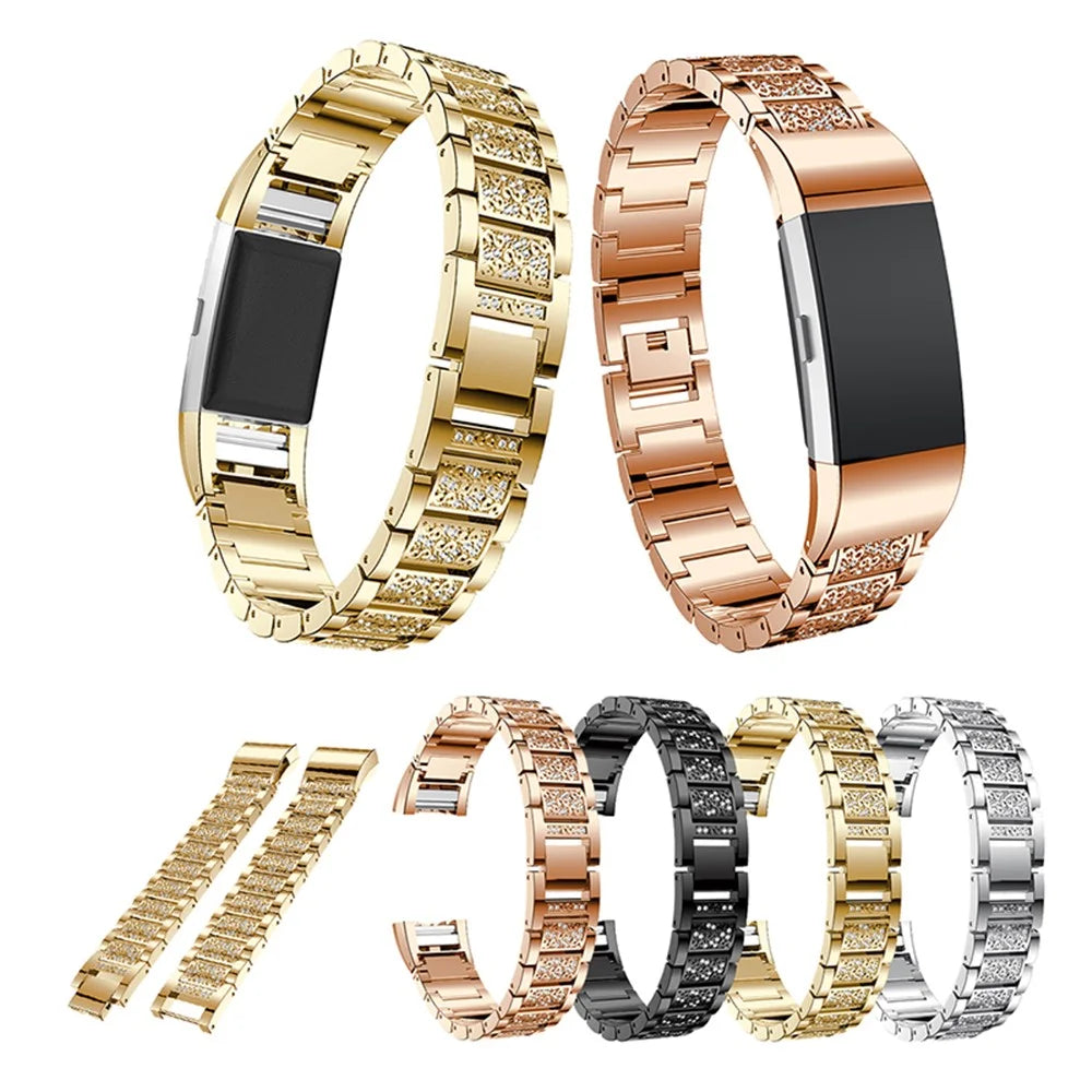 Three Beads Rhinestones Decor Metal Wrist Strap Replacement Watchband for Fitbit Charge 2/Charge 2 HR - Gold - 7