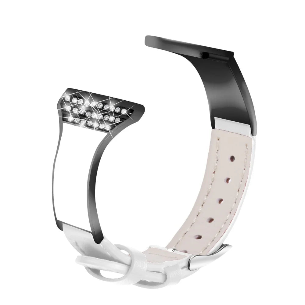 For Fossil Gen 5 Carlyle Rhinestones Decor Ceramic+Genuine Leather Wrist Strap Adjustable Watchband - White - 1