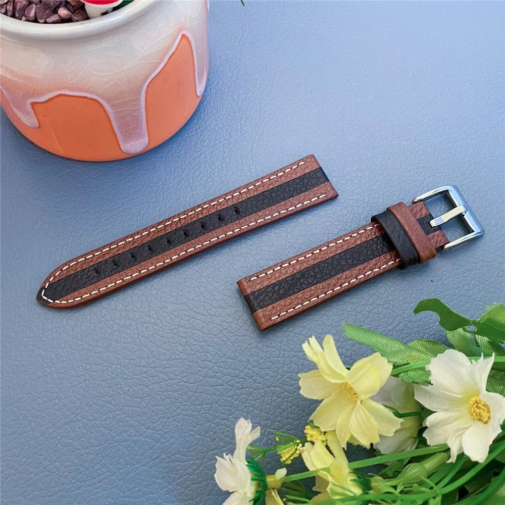 20mm Cowhide Leather Wrist Band for Garmin Venu Stylish Color Splicing Adjustable Replacement Strap - Brown/Black - 2