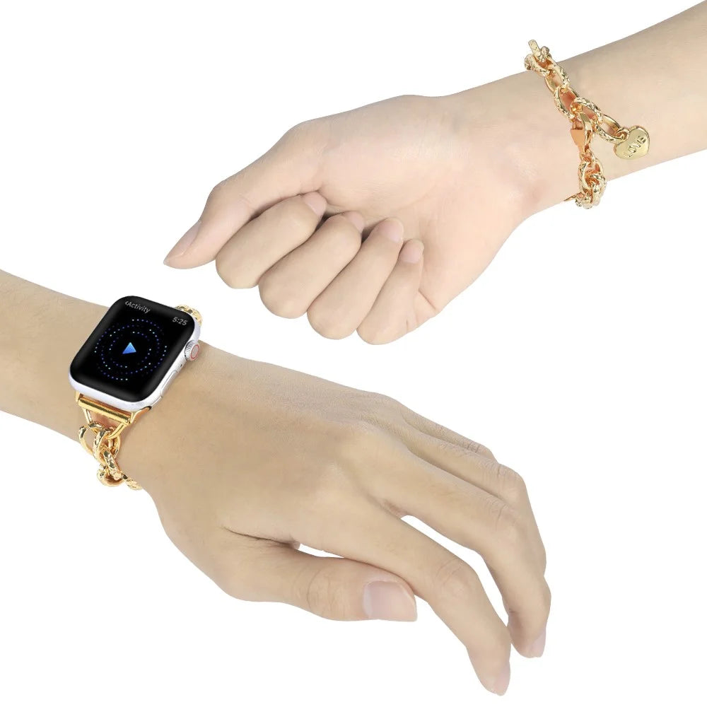 For Apple Watch Series 11 10 42mm / 9 8 7 41mm / SE3 SE2 SE 6 5 4 40mm / 3 2 1 38mm Stainless Steel Watch Strap Replacement Bracelet with Pendant - Gold - 5