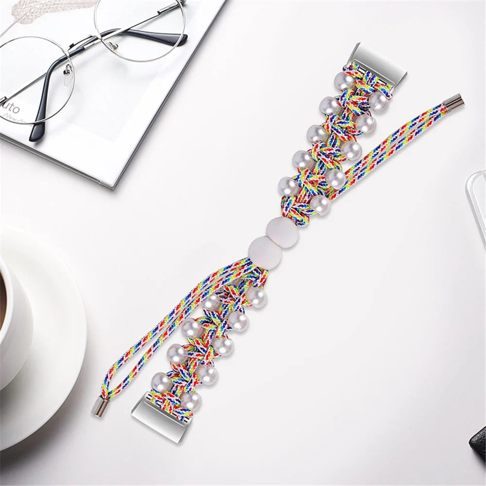 For Fitbit Charge 3/Charge 3 SE/Charge 4 Stylish Watch Band Pearl+Nylon Woven Replacement Wrist Strap - Multi-color - 4