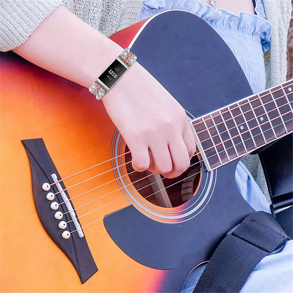 For Fitbit Charge 3/Charge 3 SE/Charge 4 Stylish Watch Band Pearl+Nylon Woven Replacement Wrist Strap - Multi-color - 5