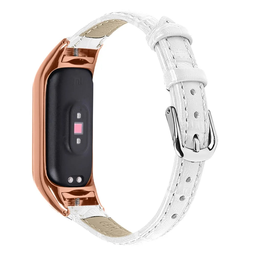 For Xiaomi Mi Band 7 Bamboo Grain Top Layer Cowhide Leather Buckle Design Watch Band with Rose Gold Watch Cover - White - 2
