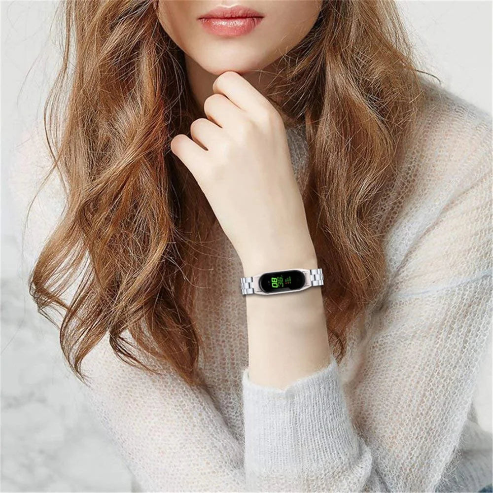 For Xiaomi Mi Band 7 Three-bead Wrist Strap Stainless Steel Watch Band Replacement with Foldable Buckle - Silver - 6