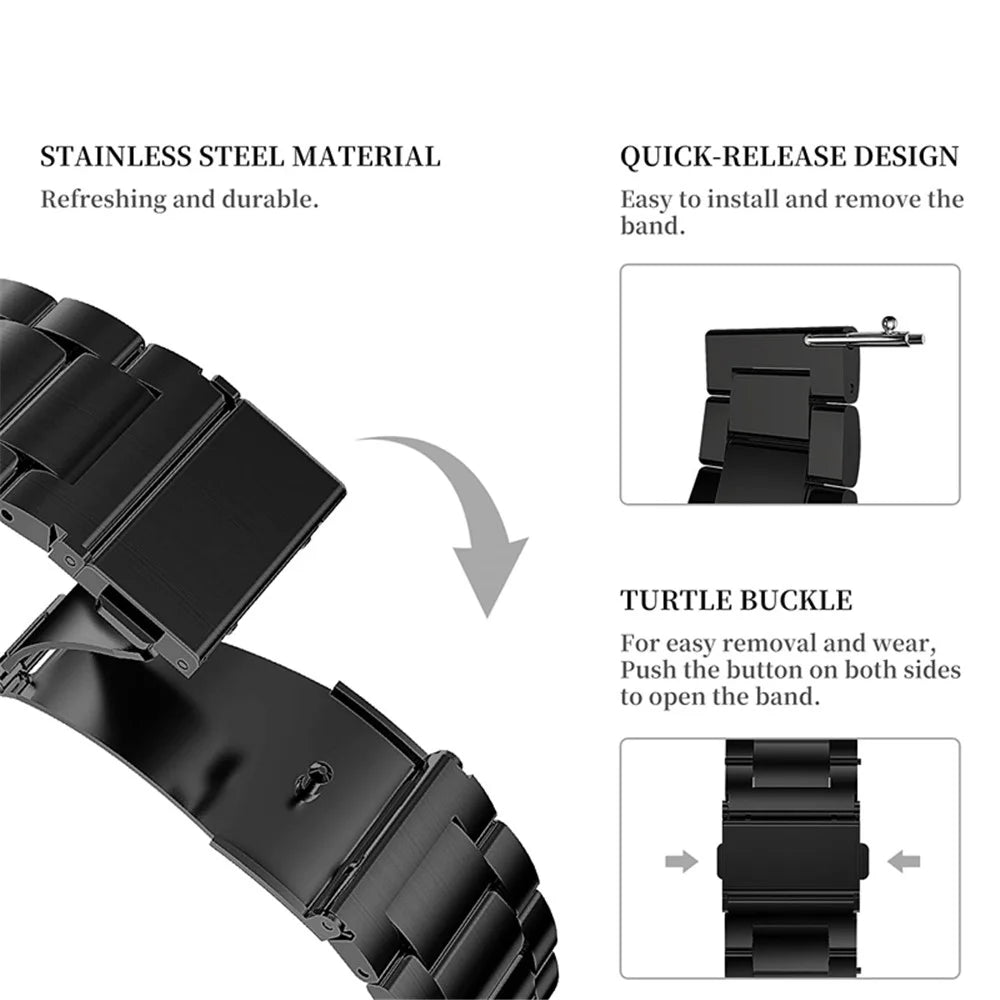 JLT For Samsung Galaxy Watch4 Classic 46mm / 42mm / Garmin Venu 2 Plus 22mm Stainless Steel Watch Strap Three Beads Wrist Band - Black - 4