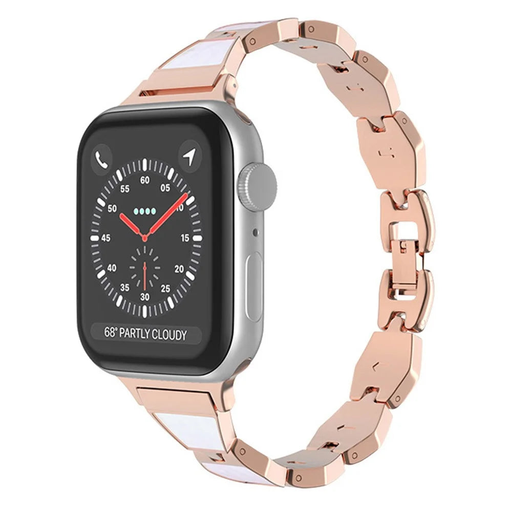 For Apple Watch Series 11 10 42mm / 9 8 7 41mm / SE3 SE2 SE 6 5 4 40mm / 3 2 1 38mm Shell Style Metal Smart Watch Strap Replacement Wristband Bracelet - Rose Gold / White - 2