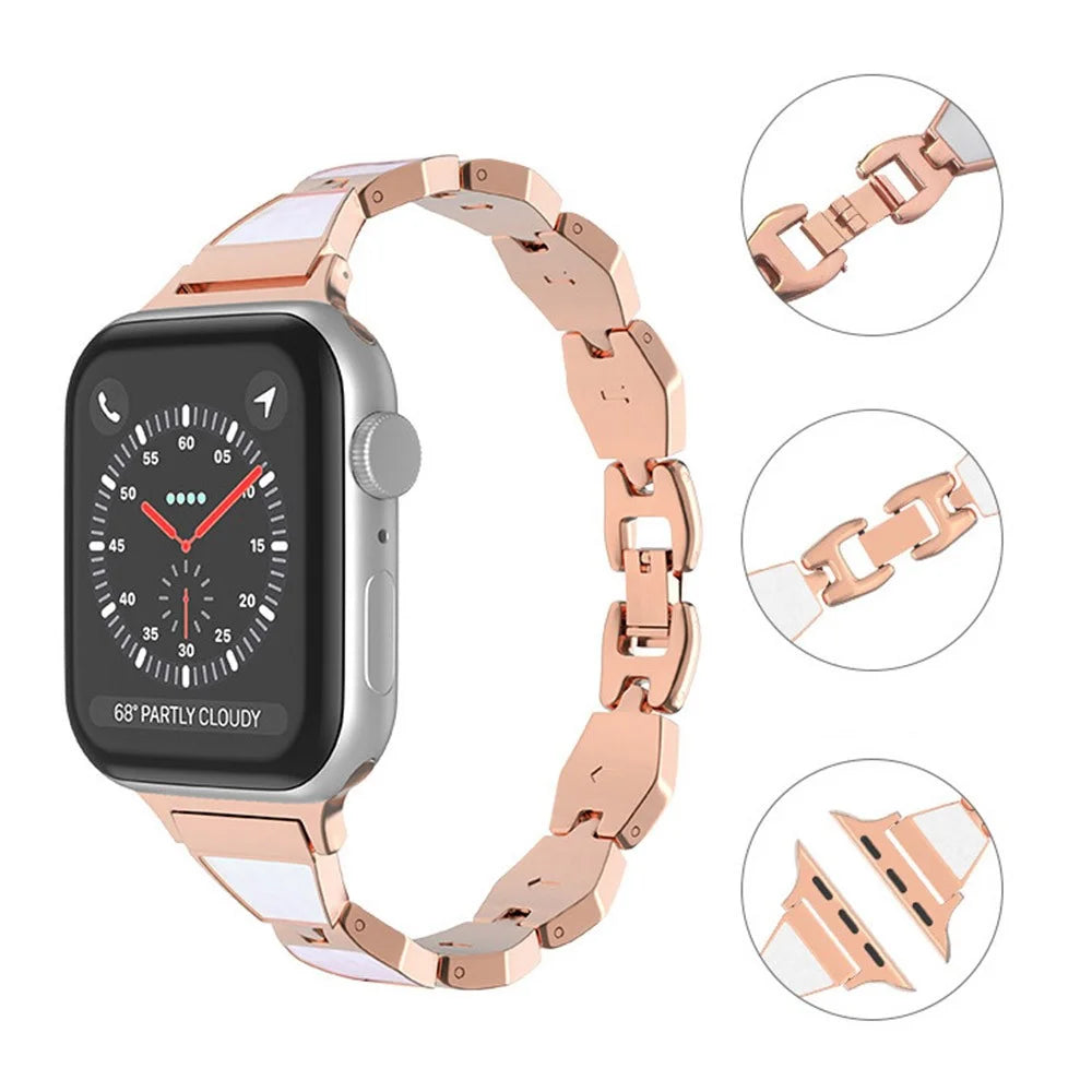 For Apple Watch Series 11 10 42mm / 9 8 7 41mm / SE3 SE2 SE 6 5 4 40mm / 3 2 1 38mm Shell Style Metal Smart Watch Strap Replacement Wristband Bracelet - Rose Gold / White - 3