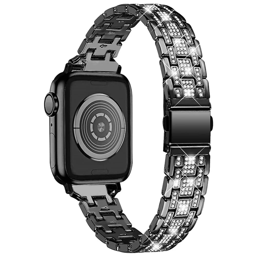 For Apple Watch SE / SE(2022) / Series 4 / 5 / 6 40mm 5 Rows Stainless Steel Rhinestone Decor Watch Band with Anti-scratch Hard PC Watch Case - Black - 2