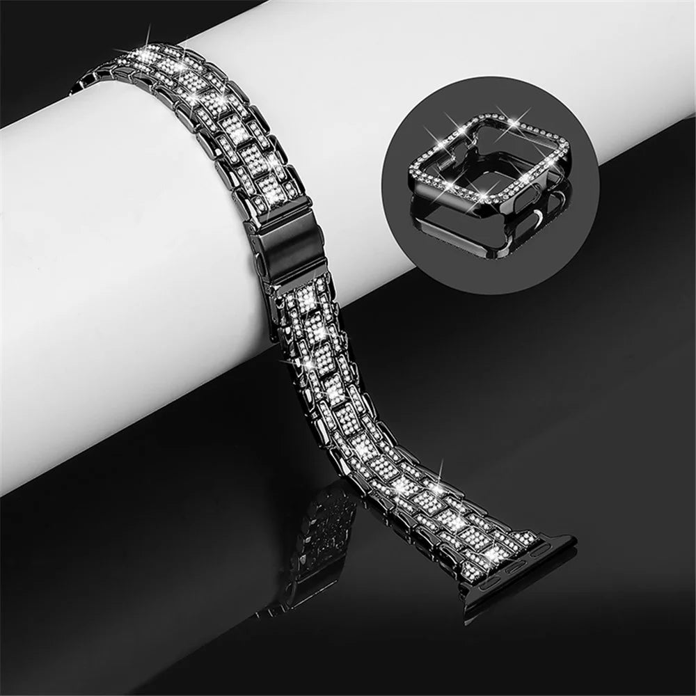 For Apple Watch SE / SE(2022) / Series 4 / 5 / 6 40mm 5 Rows Stainless Steel Rhinestone Decor Watch Band with Anti-scratch Hard PC Watch Case - Black - 3