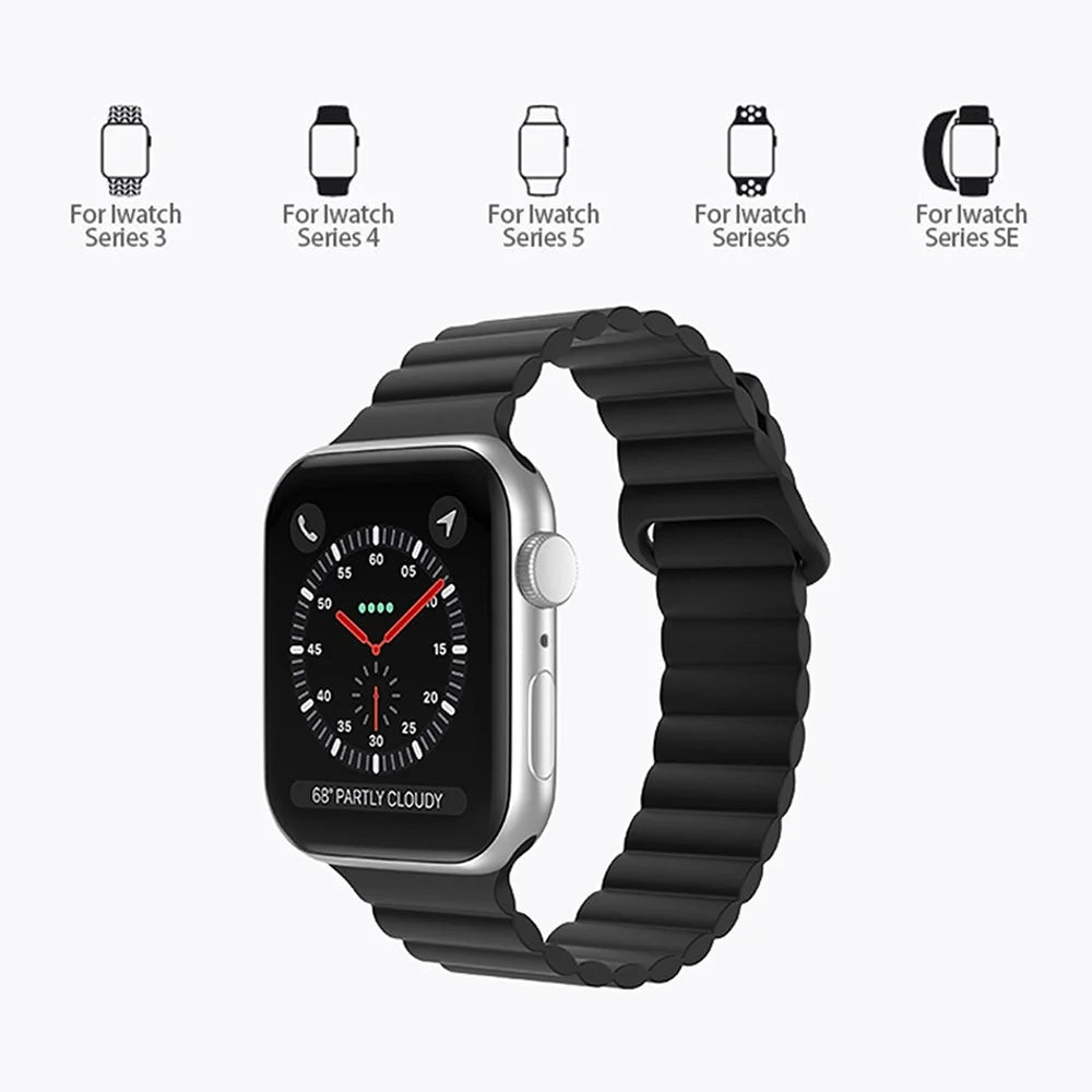 For Apple Watch Series 11 10 42mm / 9 8 7 41mm / SE3 SE2 SE 6 5 4 40mm / 3 2 1 38mm Magnetic Adsorption Replacement Strap Silicone Watch Band with Tail Buckle - Black - 4