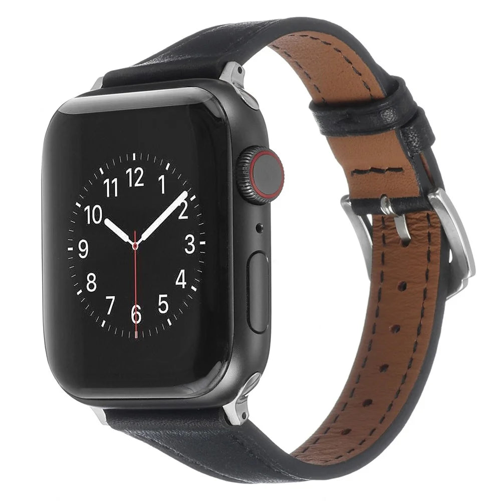 For Apple Watch Series 11 10 42mm / 9 8 7 41mm / SE3 SE2 SE 6 5 4 40mm / 3 2 1 38mm Genuine Leather Anti-Wear Replacement Smart Watch Strap Wrist Band - Black - 2