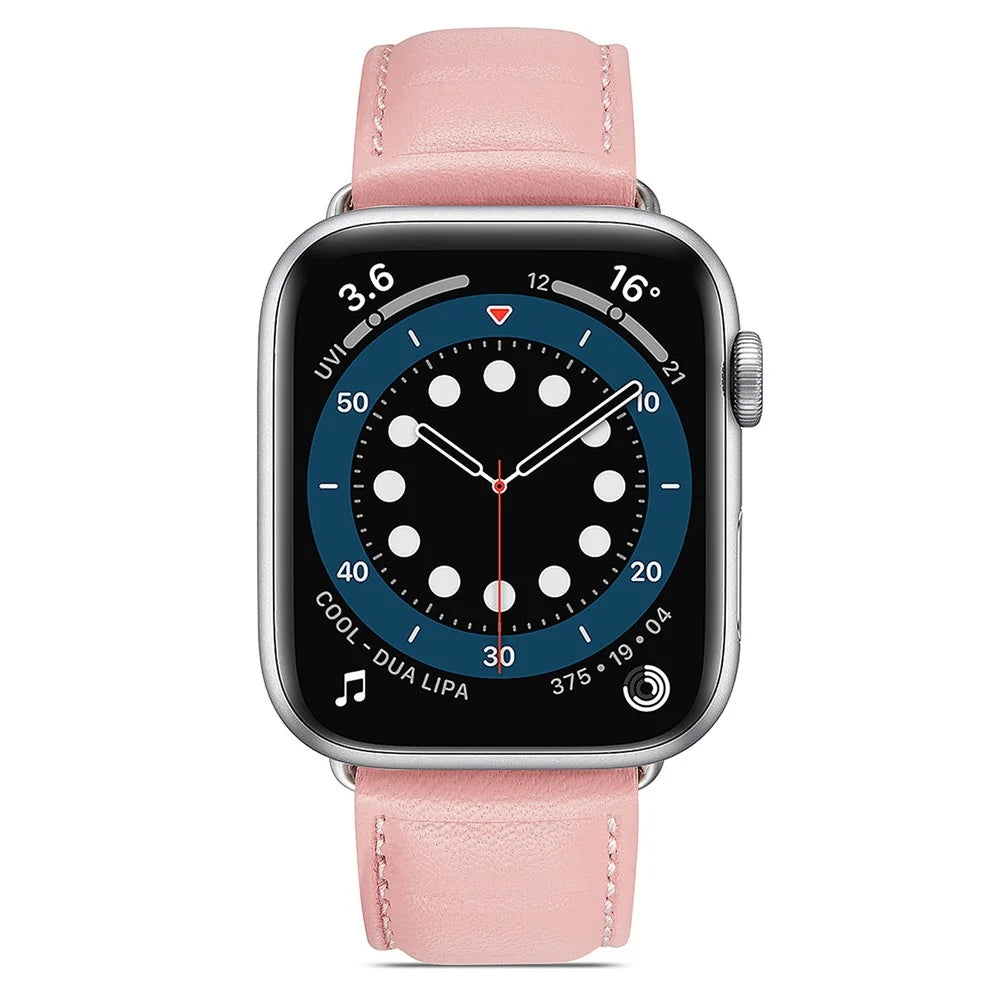 For Apple Watch Series 11 10 42mm / 9 8 7 41mm / SE3 SE2 SE 6 5 4 40mm / 3 2 1 38mm Square Imprinted Texture Genuine Leather Replacement Strap Wrist Band - Pink - 4