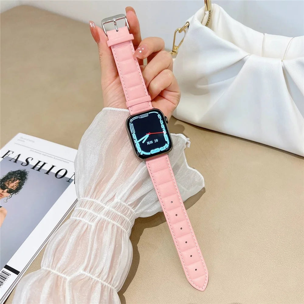 For Apple Watch Series 11 10 42mm / 9 8 7 41mm / SE3 SE2 SE 6 5 4 40mm / 3 2 1 38mm Square Imprinted Texture Genuine Leather Replacement Strap Wrist Band - Pink - 7