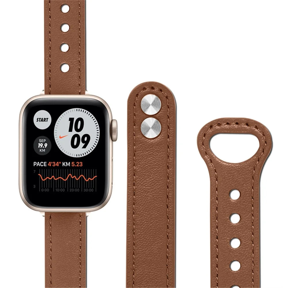 For Apple Watch Series 11 10 42mm / 9 8 7 41mm / SE3 SE2 SE 6 5 4 40mm / 3 2 1 38mm Genuine Cowhide Leather Watch Band Double Snap Button Watch Strap (Retro Gold Connector) - Brown - 3