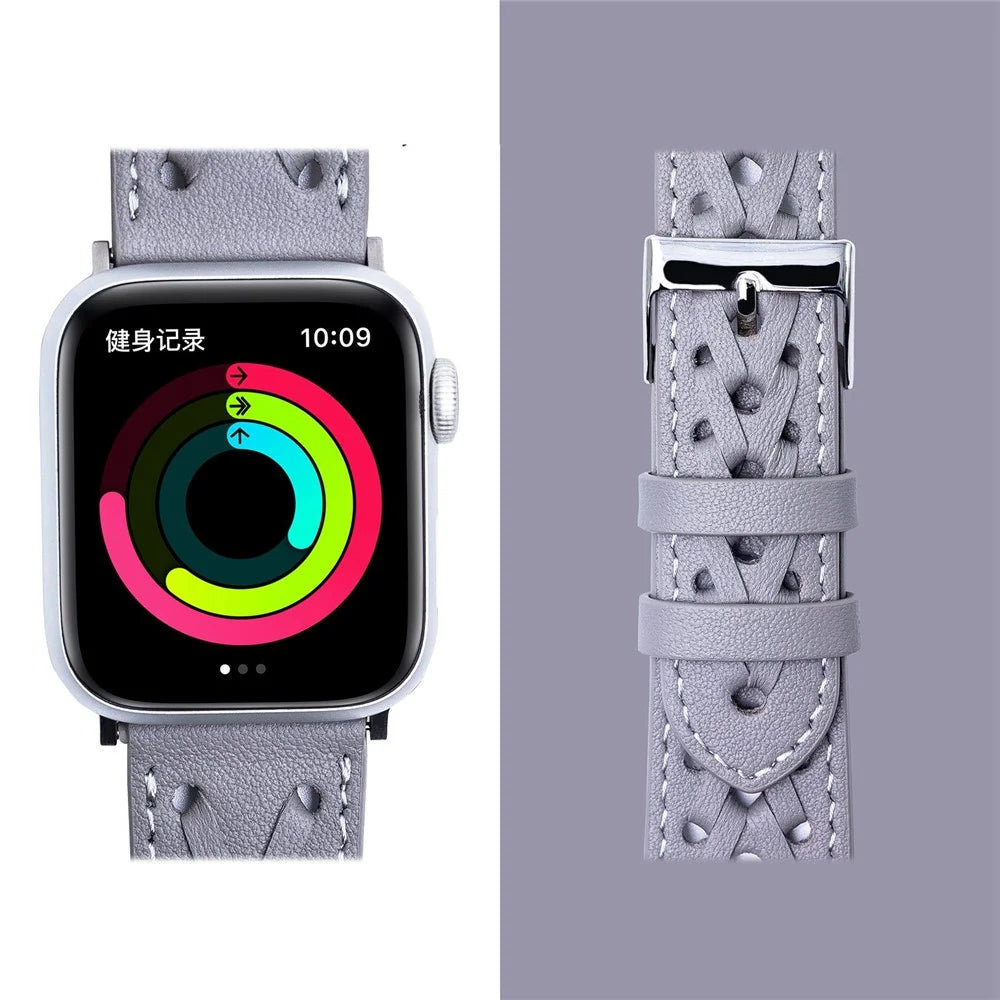 For Apple Watch Series 11 10 42mm / 9 8 7 41mm / SE3 SE2 SE 6 5 4 40mm / 3 2 1 38mm V-Shaped Woven Watch Strap Genuine Leather Wrist Band - Grey - 2