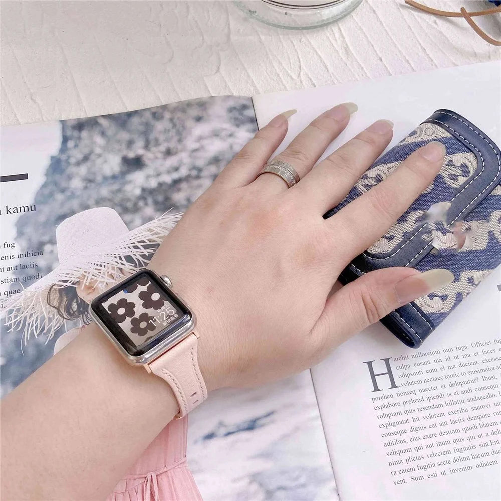 For Apple Watch Series 11 10 42mm / 9 8 7 41mm / SE3 SE2 SE 6 5 4 40mm / 3 2 1 38mm T-Shaped Watch Strap Genuine Leather Wrist Band - Pink - 7