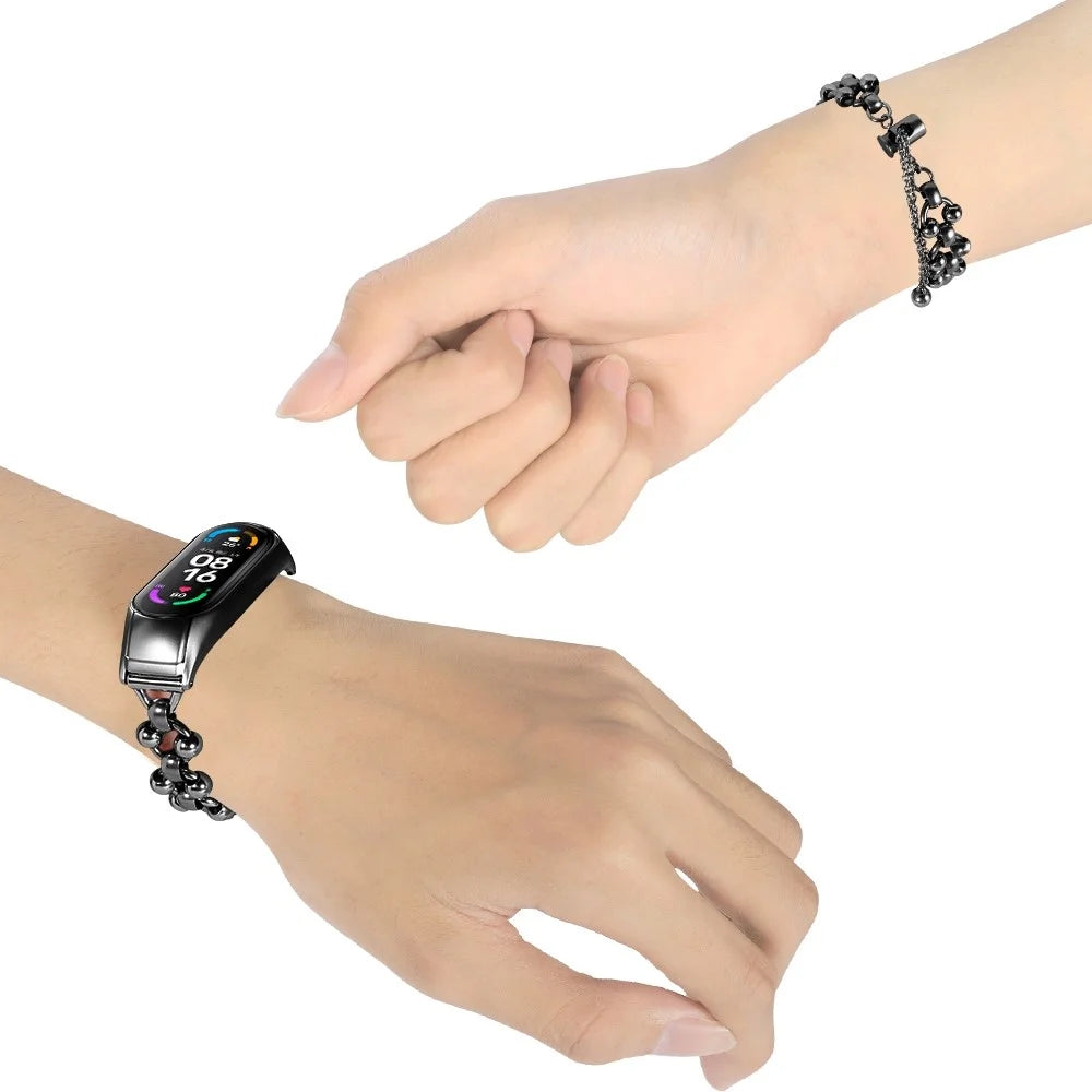 For Xiaomi Mi Band 7 Bead Decor Smartwatch Strap Replacement Hollow Out Watch Strap Metal Bracelet Strap - Black - 2