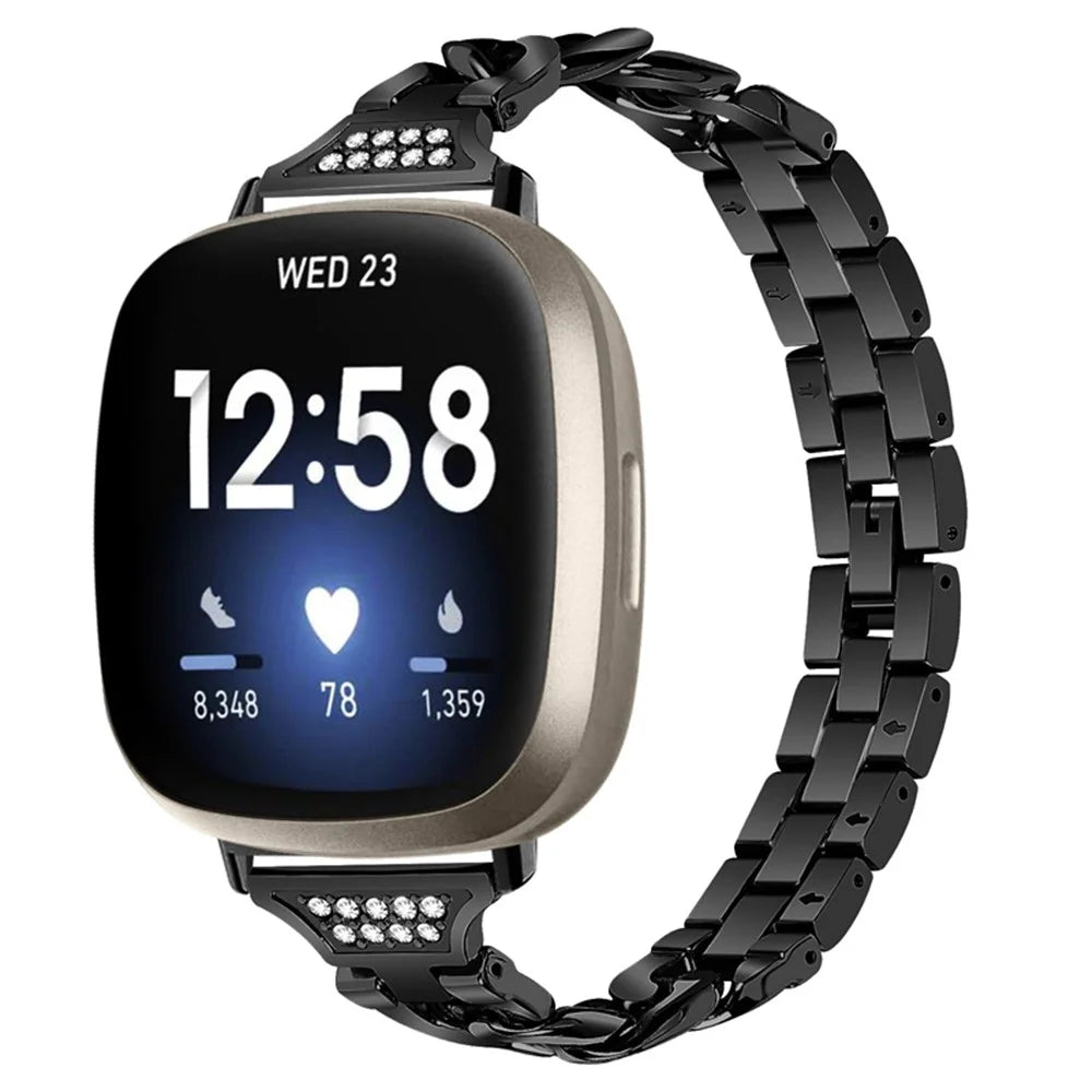For Fitbit Versa 3 / Sense Universal Watch Strap Metal Watch Band Rhinestone Decorated Connector Watchband for Girls - Black - 2