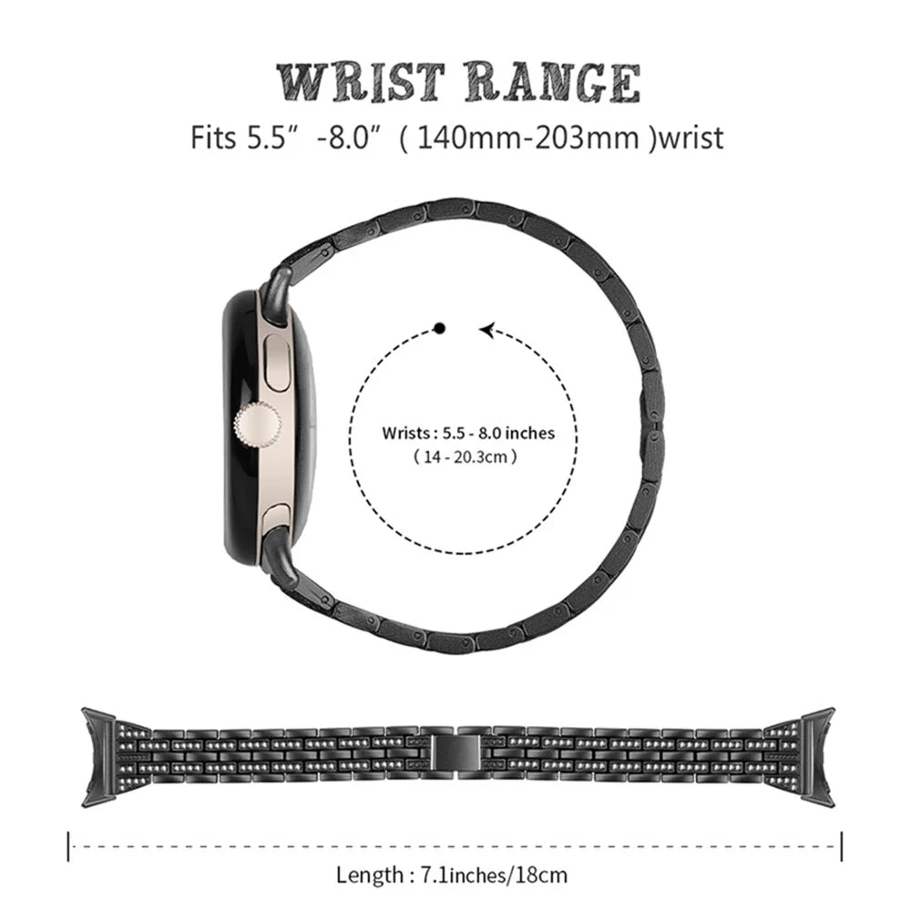 2 Rows Rhinestone Decor Watch Band for Google Pixel Watch 4 41mm / Watch 3 41mm / Watch 2 / Watch 5 Beads Metal Wrist Strap Replacement - Black - 4