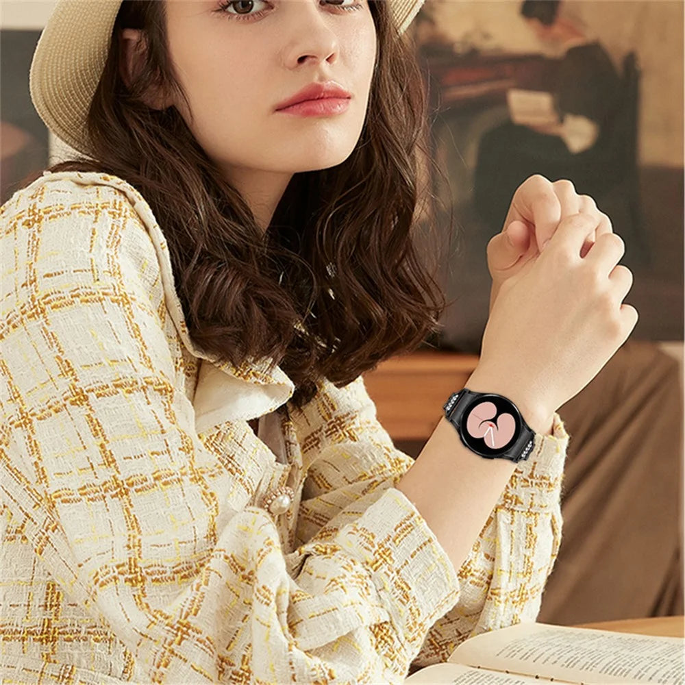 For Samsung Galaxy Watch 5 / 4 Active 44mm / 40mm / Watch 5 Pro 45mm Metal Watch Strap Rhinestone Decor Wrist Band with Adapter Connector - Black - 7
