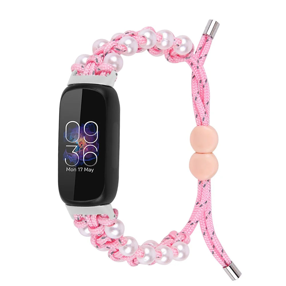 For Fitbit Inspire 3 Pearl Decor Adjustable Braided Rope Wrist Band Stylish Smart Watch Strap - Pink - 2