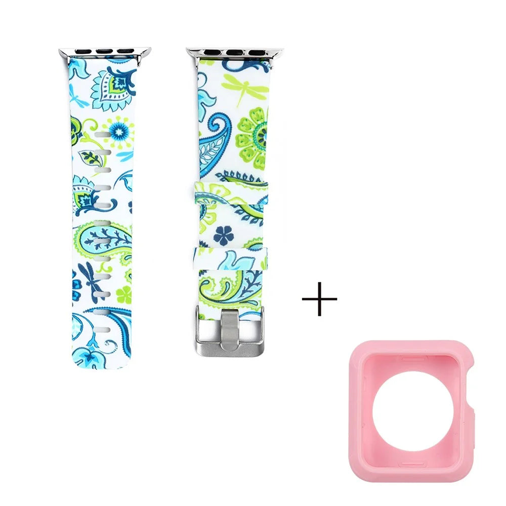 For Apple Watch Series 1 / 2 / 3 42mm Silicone Watch Band Pattern Printing Watch Strap with Pink TPU Case - Style F - 2
