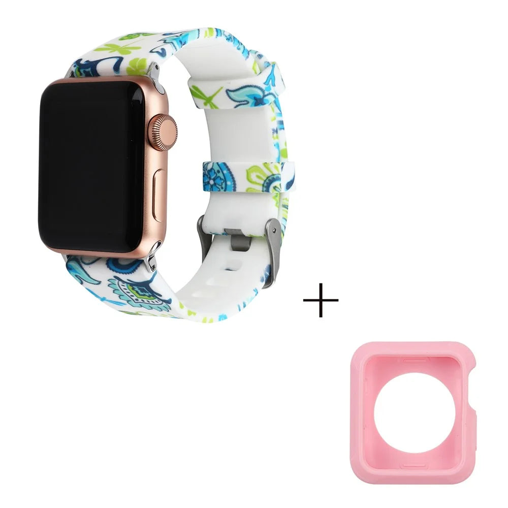 For Apple Watch Series 1 / 2 / 3 42mm Silicone Watch Band Pattern Printing Watch Strap with Pink TPU Case - Style F - 3