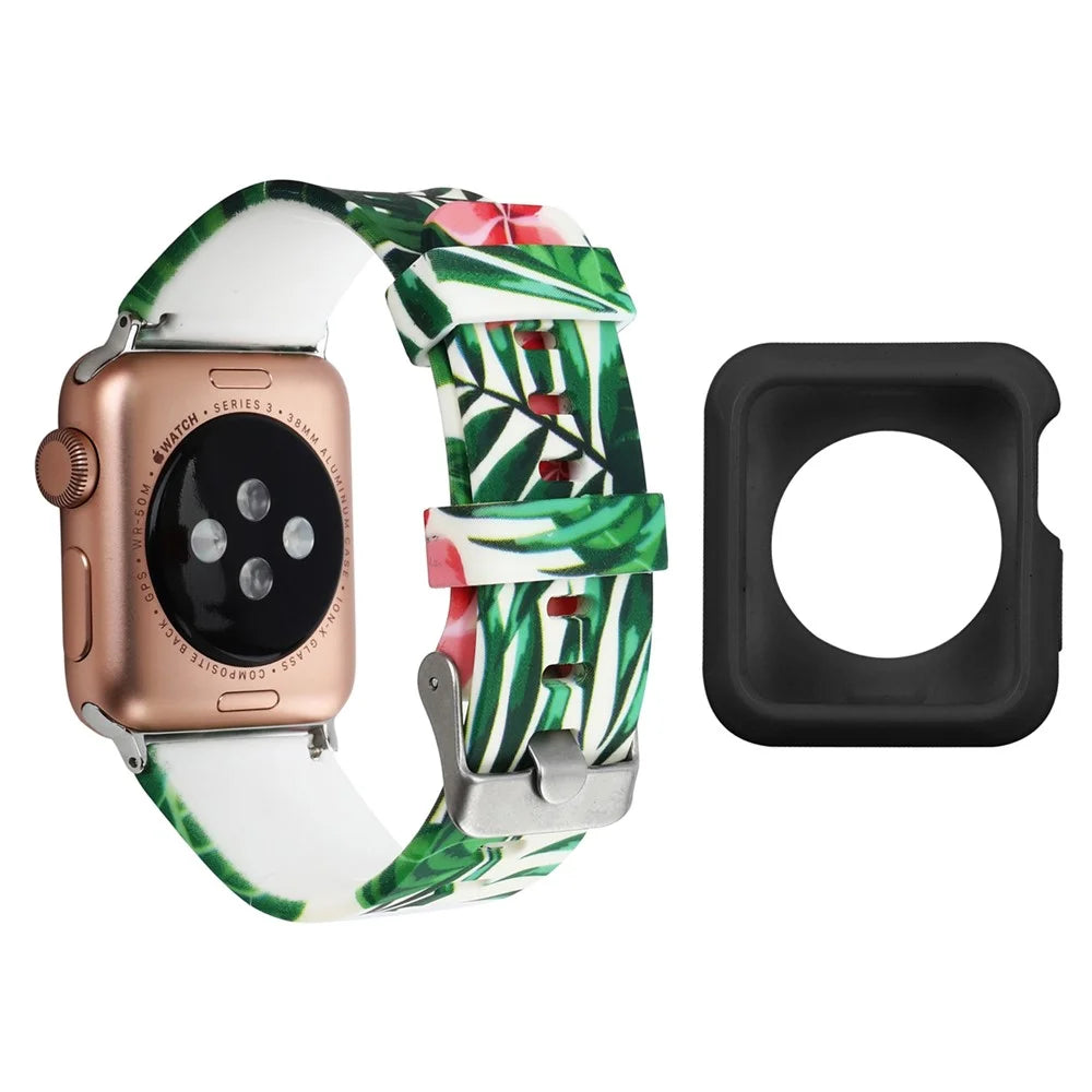 For Apple Watch Series 1  /  2  /  3 38mm Replace Silicone Strap Pattern Printing Watch Band with Black TPU Case - Style E - 1