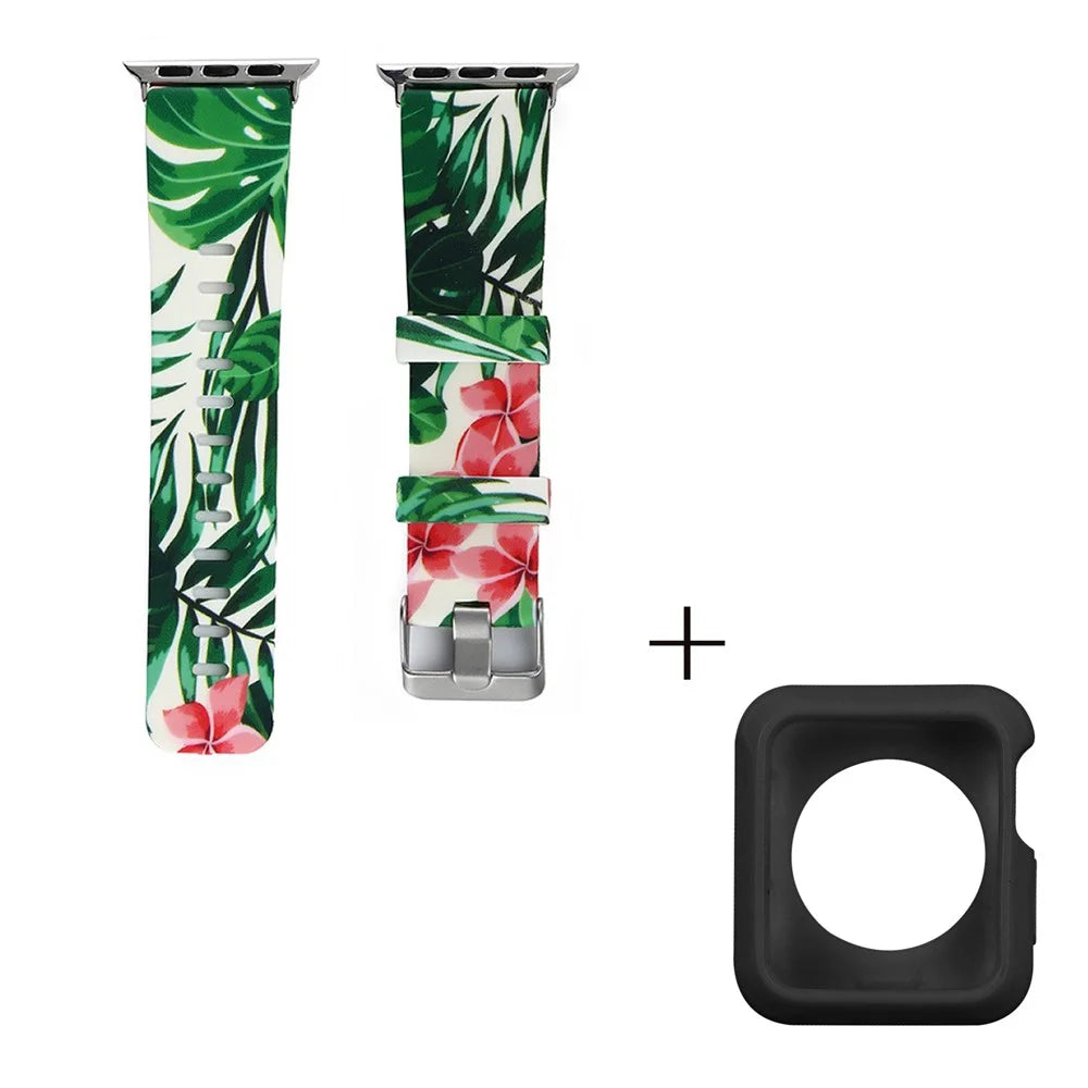 For Apple Watch Series 1  /  2  /  3 38mm Replace Silicone Strap Pattern Printing Watch Band with Black TPU Case - Style E - 2