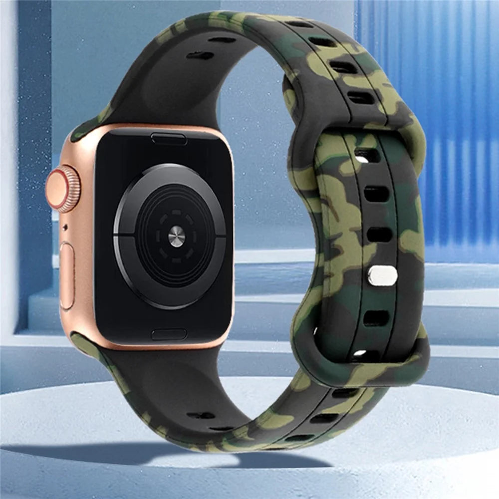 Silicone Watch Bands for Apple Watch Series 11 10 42mm / 9 8 7 41mm / SE3 SE2 SE 6 5 4 40mm / 3 2 1 38mm Camouflage Waterproof Watch Bracelet - Black - 3
