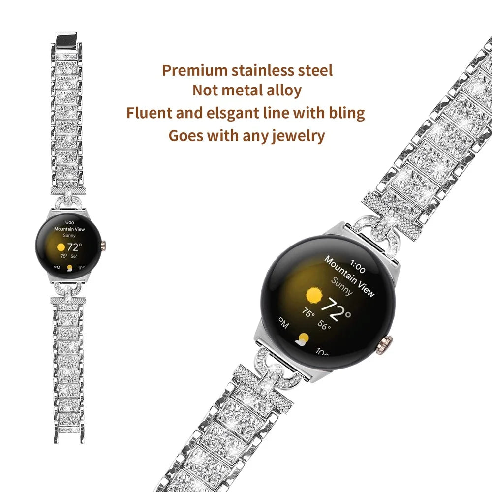 For Google Pixel Watch 4 41mm / Watch 3 41mm / Watch 2 / Watch 3-Bead Rhinestone Decor Stainless Steel Strap Watch Band Replacement - Silver - 3