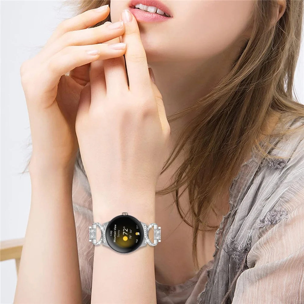 For Google Pixel Watch 4 41mm / Watch 3 41mm / Watch 2 / Watch 3-Bead Rhinestone Decor Stainless Steel Strap Watch Band Replacement - Silver - 7