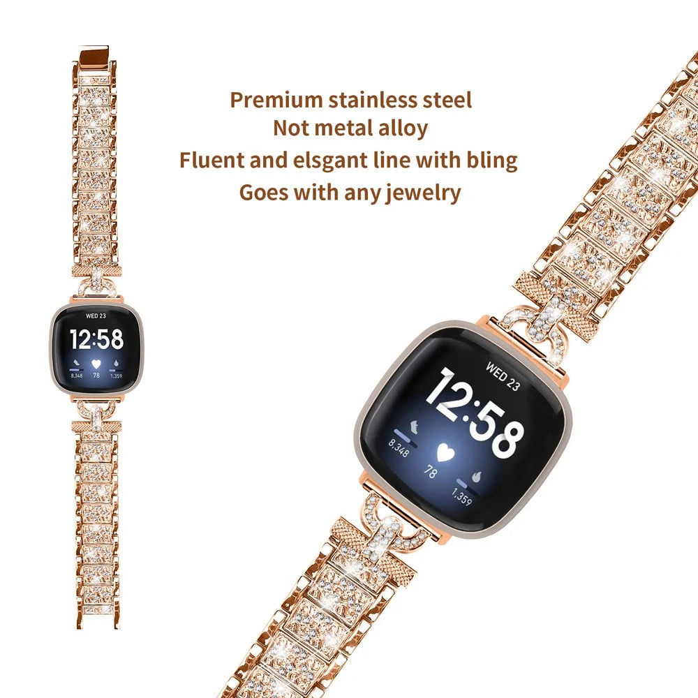 For Fitbit Versa 4 / Sense 2 Stainless Steel Watch Band 3-Bead Rhinestone Decor Replacement Bracelet - Rose Gold - 3