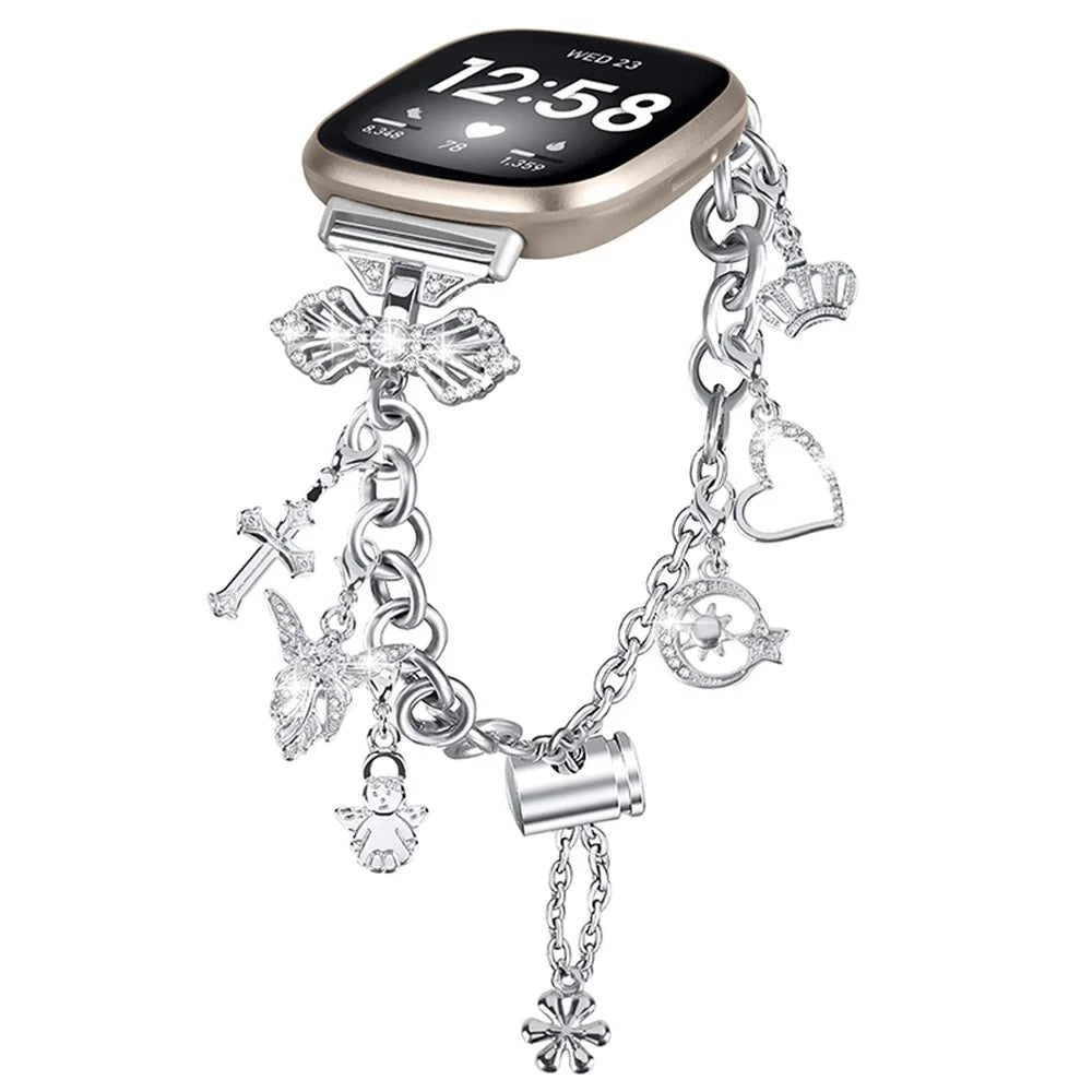 For Fitbit Versa 4 / Sense 2 Adjustable Watch Band Decorative Pendant Bracelet DIY Strap - Silver - 1